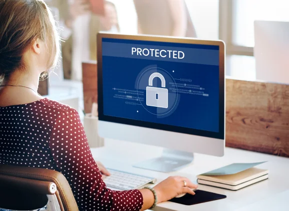 woman-working-computer-network-graphic-overlay